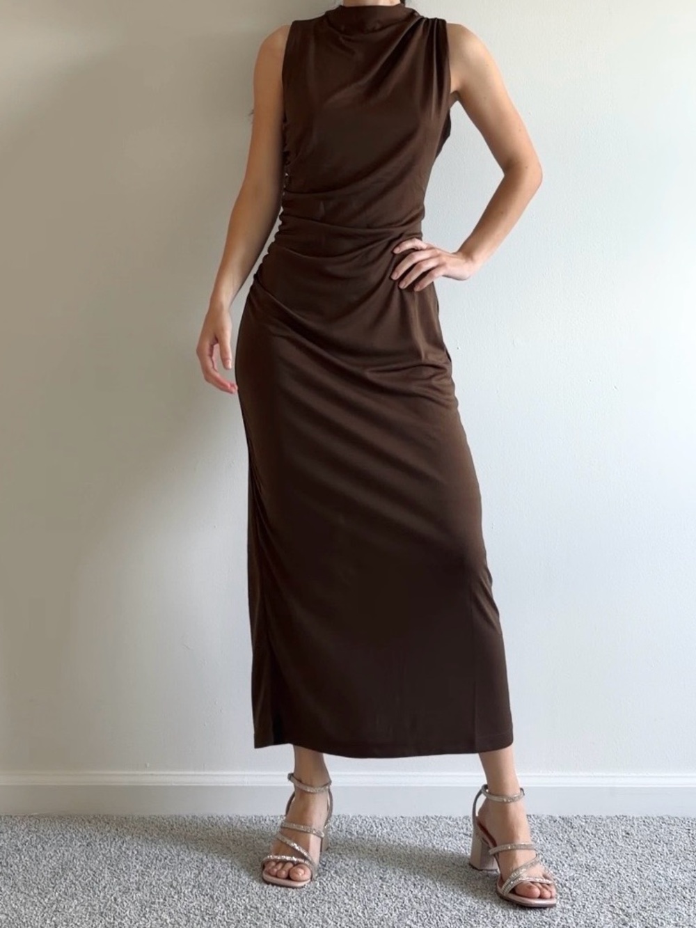 Steve Madden Dark Brown Ruched Maxi Dress